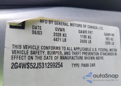 2003 Buick Century Custom z USA, uszkodzony, nr VIN 2G4WS52J531299254